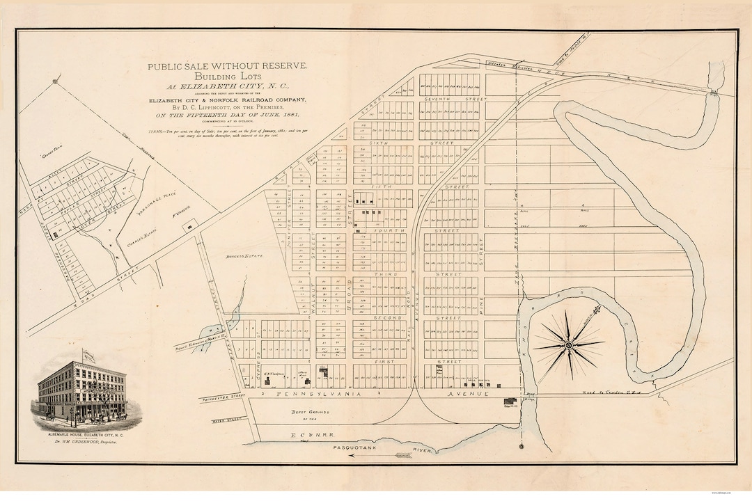Elizabeth City 1881 North Carolina Old Map Reprint NC Cities Etsy