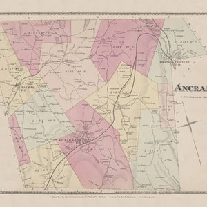 May include: A vintage map of the town of Ancram, New York, divided into numbered districts. The map is printed in black and white with pink, yellow, and green highlights. The map shows roads, rivers, and the locations of post offices. The map is titled "Ancram" and includes the text "Scale 7/8 Inch to the Mile."
