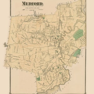 May include: An antique map of Medford, Massachusetts, from 1875. The map shows the streets, parks, and other features of the town. The map is in a vintage style with a light brown background and black lines.
