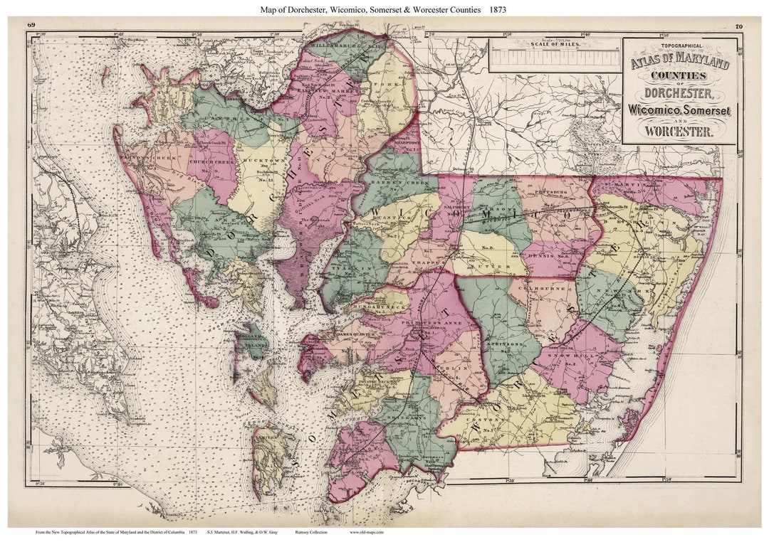 Dorchester, Somerset and Worcester Counties 1873 Map Maryland