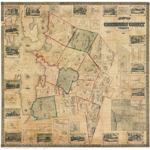 Chittenden County Vermont   1857  - LAMINATED Old Wall Map Reprint with Homeowner Names