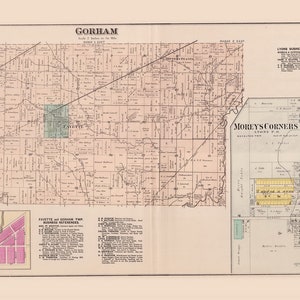 May include: A vintage map of Gorham, New York, showing the town's layout with roads, streets, and property lines. The map also includes a key with business references and a legend for the different types of buildings. The map is printed on a cream-colored paper with black ink.