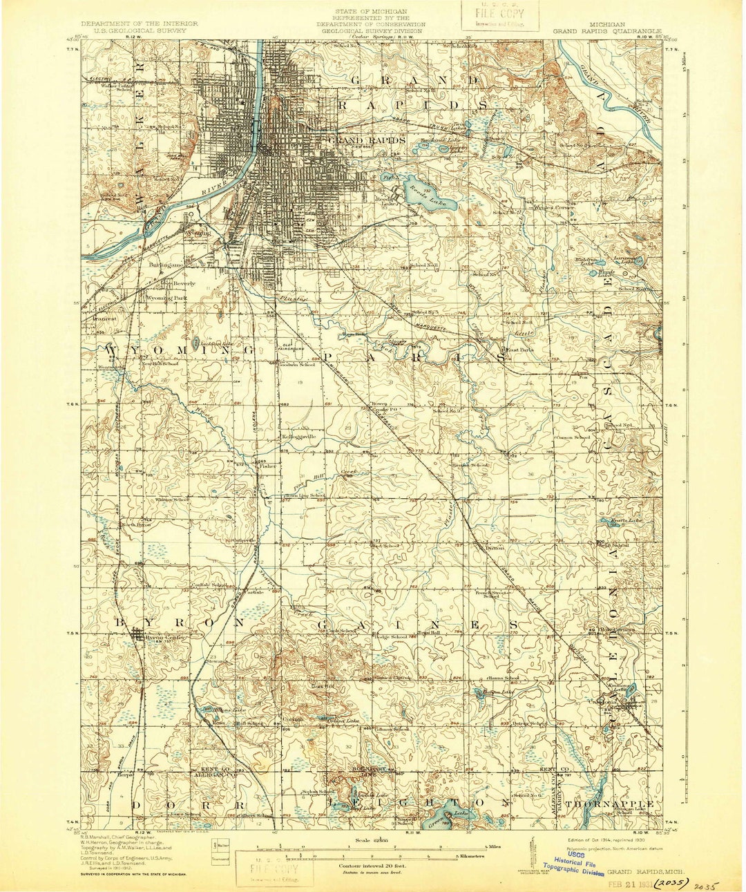 Grand Rapids 1914 1930 Old Topo Map Reeds Lake Caledonia Quad Reprint