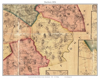 Puede incluir: Un mapa antiguo de Sherborn, Massachusetts, de 1856. El mapa está dividido en secciones con diferentes colores, mostrando el diseño de la ciudad y sus características. El mapa incluye los nombres de varios lugares, como Natick Village, Sherborn Center y East Village.