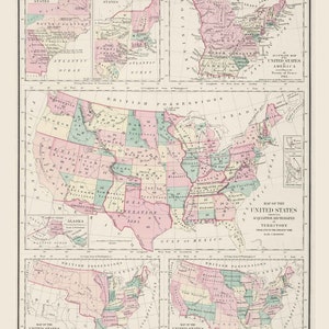 May include: A vintage map of the United States showing the political divisions of 1845. The map is printed in pink, green, and blue, with the states and territories labeled. The map includes Alaska and the Mexican Cession.