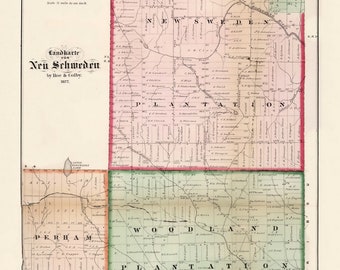 May include: A vintage map of the Swedish Colony, showing the towns of Perham, Woodland, and Plantation. The map is divided into sections, each with a different color scheme. The map is dated 1877.