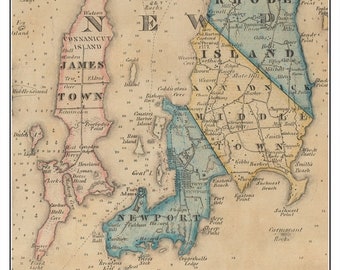 Newport 1831 Old Town Map with Homeowner Names Jamestown Middletown - Rhode Island Reprint State RI TM