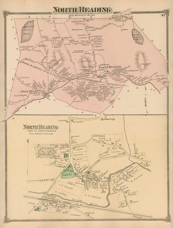 Map Of North Reading Ma North Reading & Village 1875 Old Town Map Reprint | Etsy