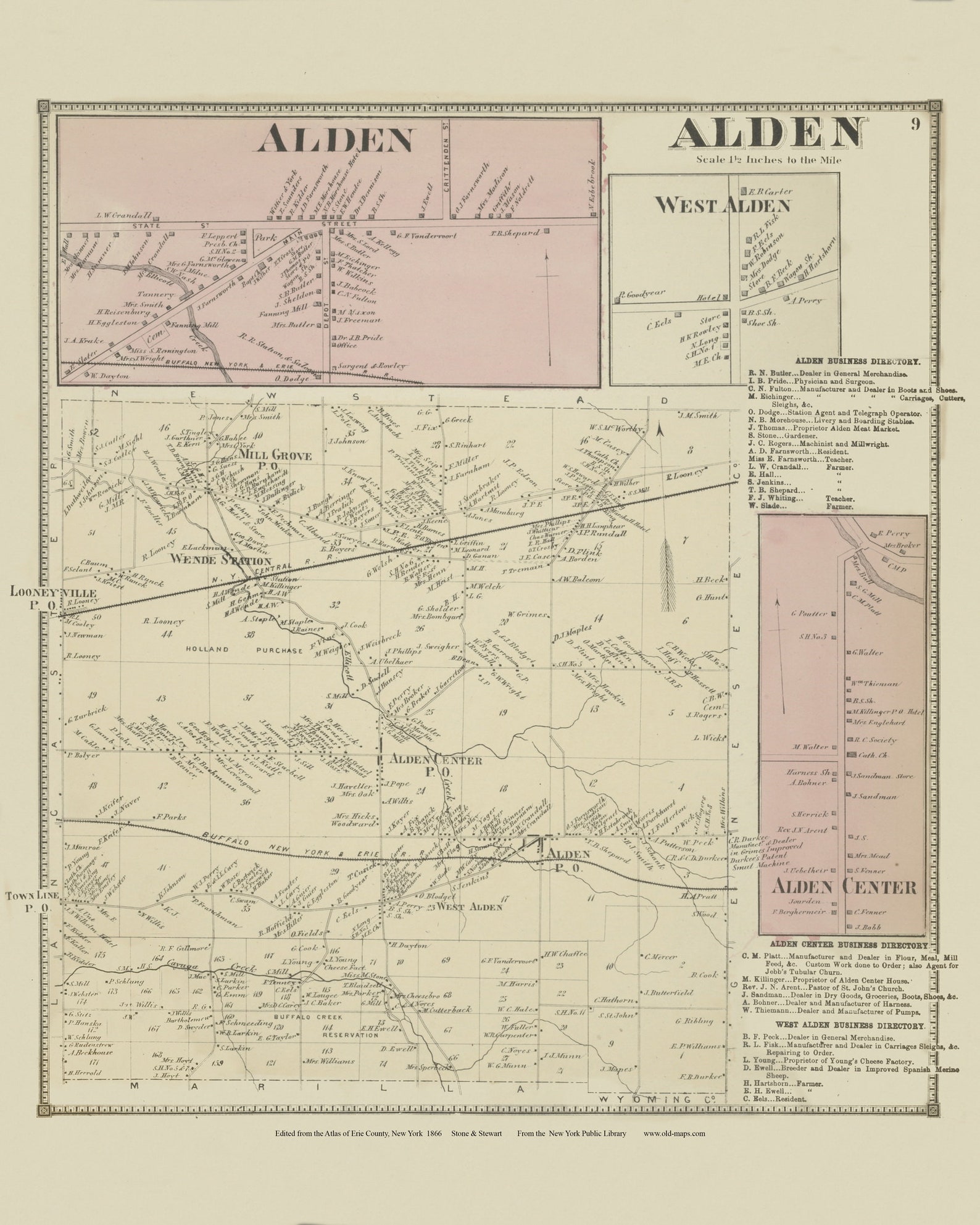 Alden 1866 New York Erie Co Atlas Old Town Map Reprint Etsy