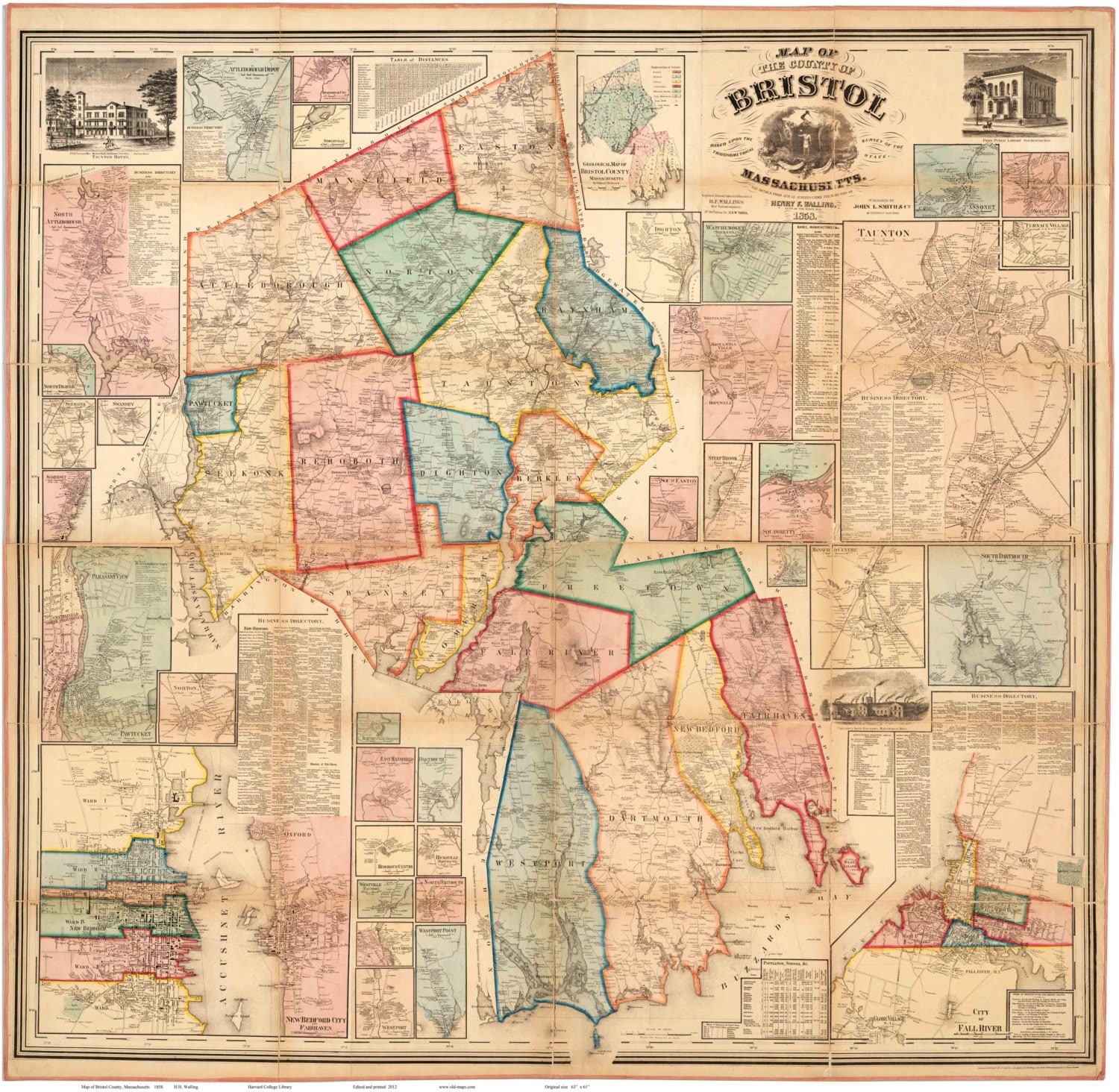 Map Of Bristol County Ma Bristol County Massachusetts 1858 Old Wall Map Reprint With | Etsy India