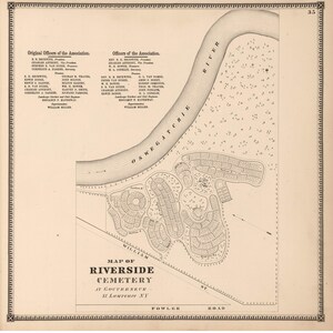 May include: A black and white map of Riverside Cemetery in Gouverneur, St. Lawrence, New York. The map shows the layout of the cemetery with individual plots and roads. The map is surrounded by a decorative border.