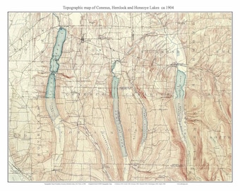 Conesus, Hemlock & Honeoye Lakes - 1904 USGS Old Topographic Map  Custom Composite Reprint New York Finger Lakes