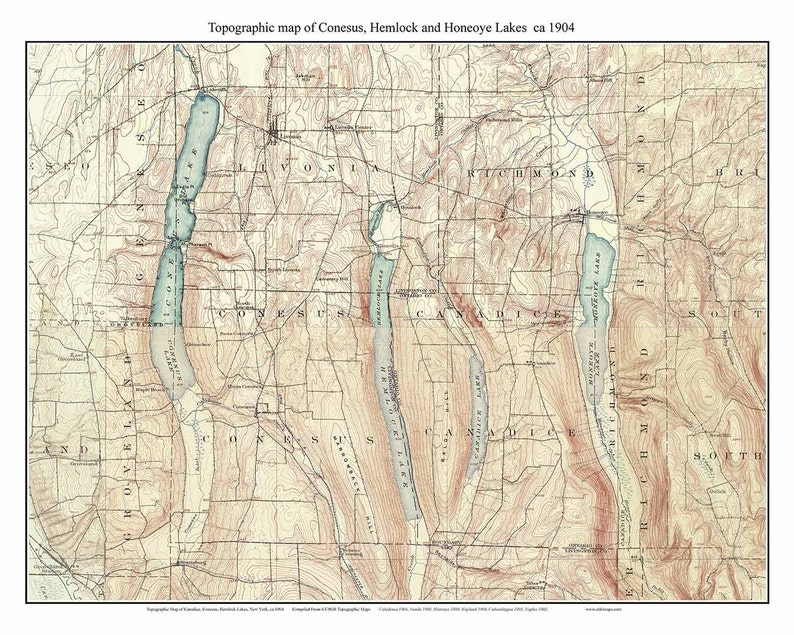 Conesus Hemlock & Honeoye Lakes 1904 USGS Old Topographic Etsy