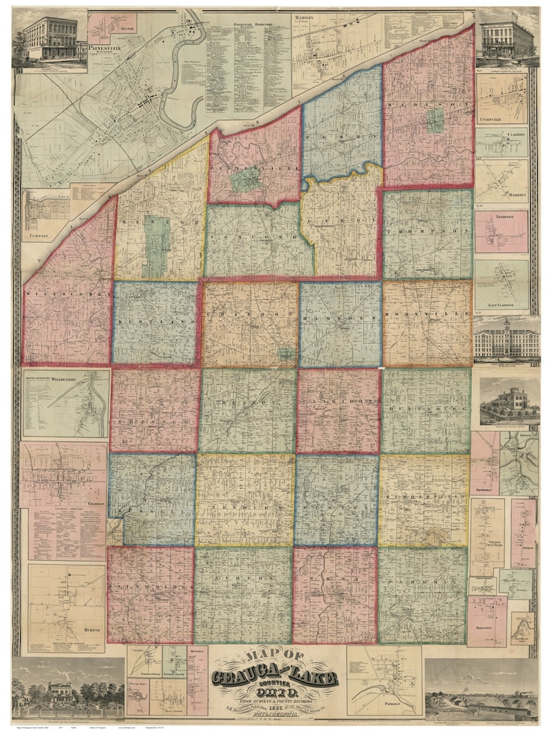 Geauga & Lake Counties Ohio 1857 Old Wall Map Reprint With Etsy
