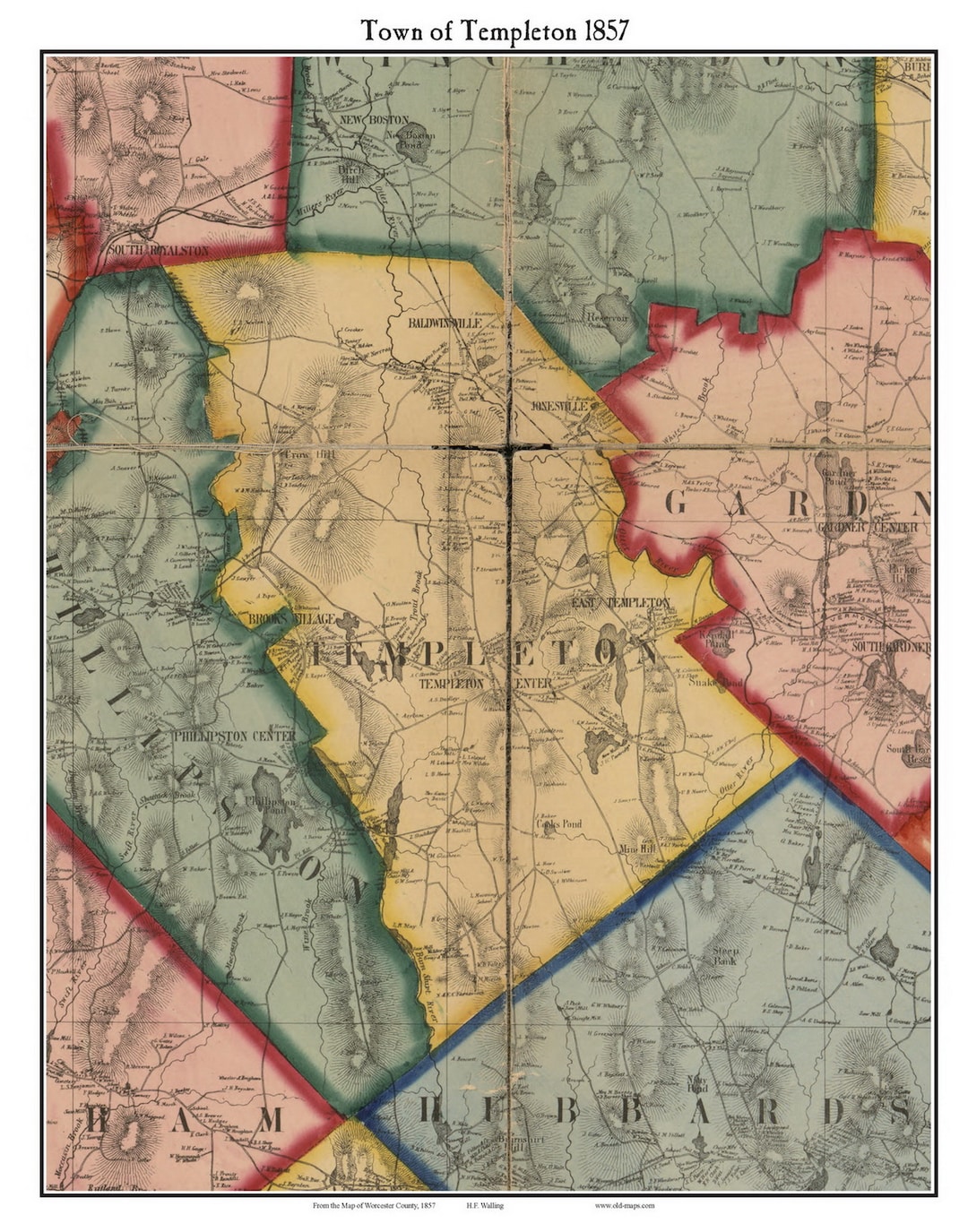 Templeton 1857 Old Town Map With Homeowner Names Massachusetts