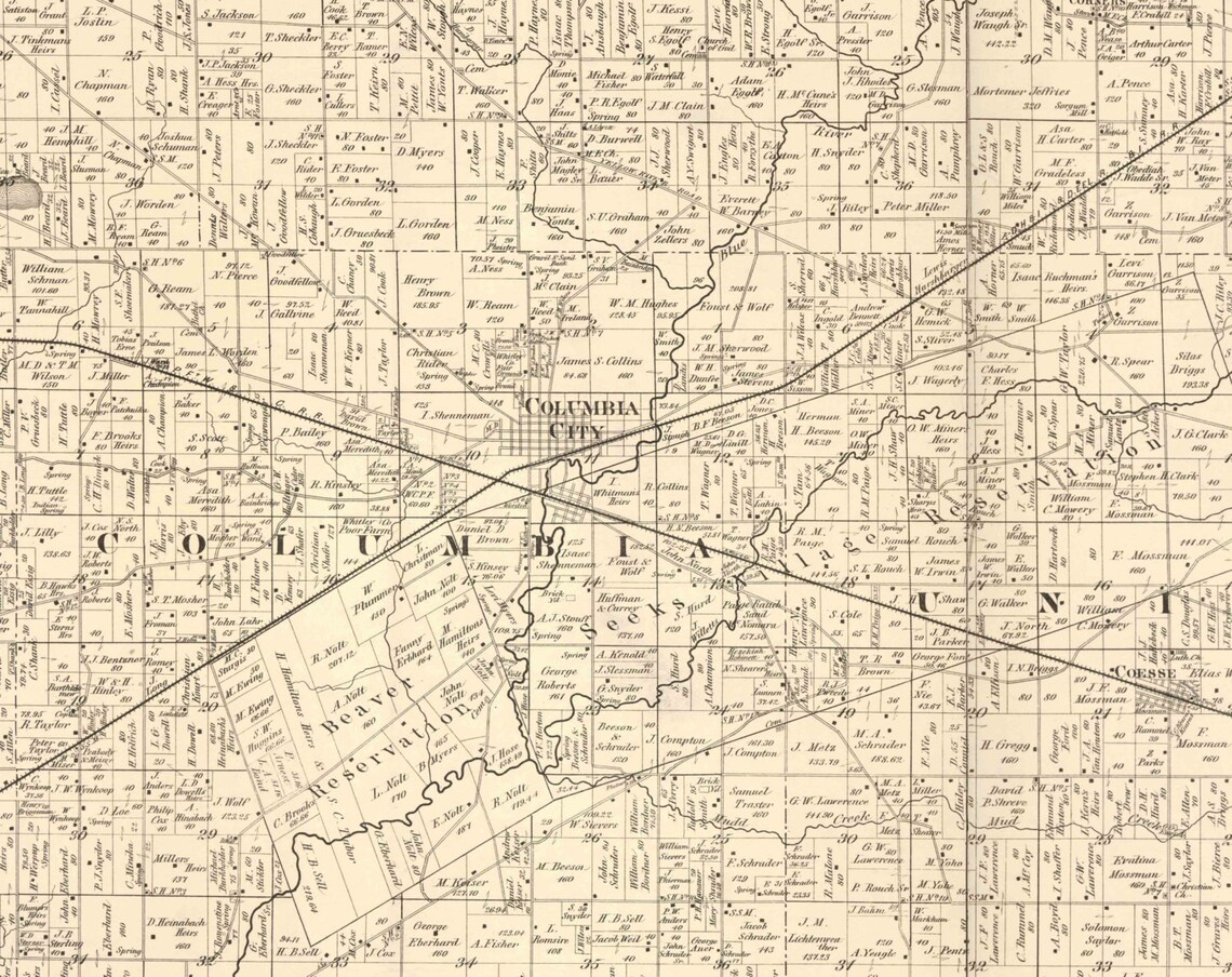 Whitley County Indiana 1873 Old Wall Map Reprint With Etsy