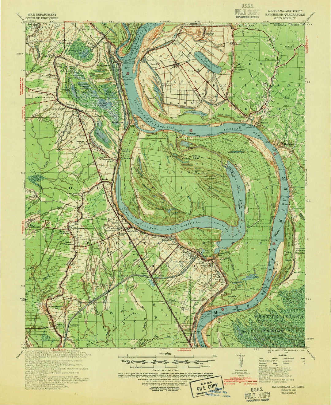 Batchelor 1941 1944 Old Topo Map Raccourci Old River Lacour Quad Reprint 15x15 USGS Topographic