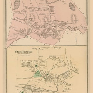 North Reading & Village - 1875 - Old Town Map Reprint - Middlesex County, Massachusetts - Homeowner Names, Genealogy - MA Atlas