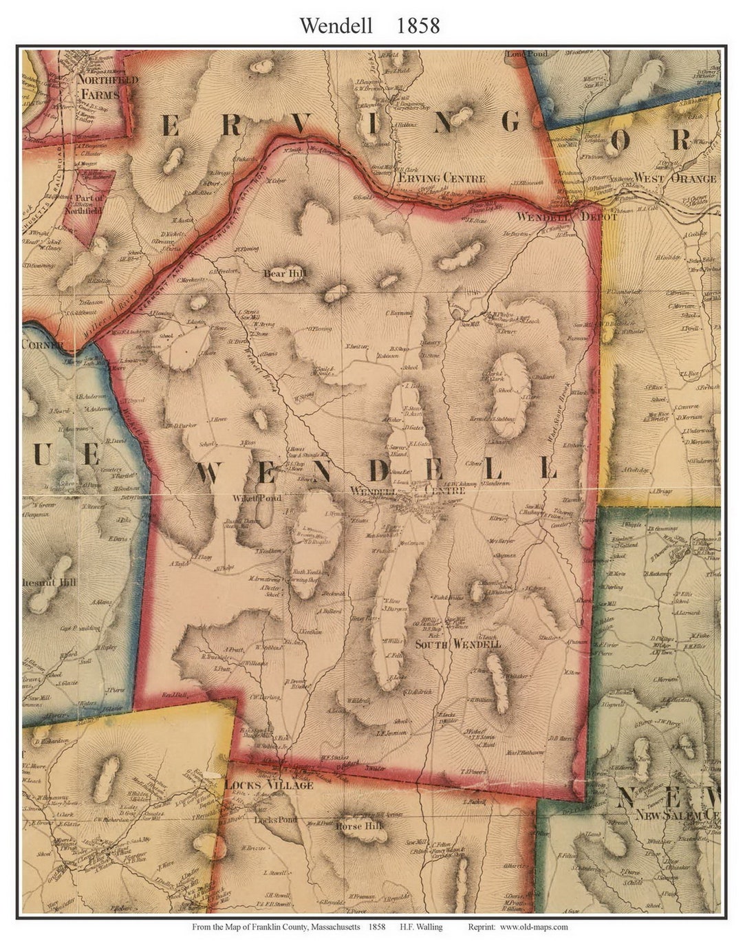 Wendell 1858 Old Town Map With Homeowner Names massachusetts Reprint