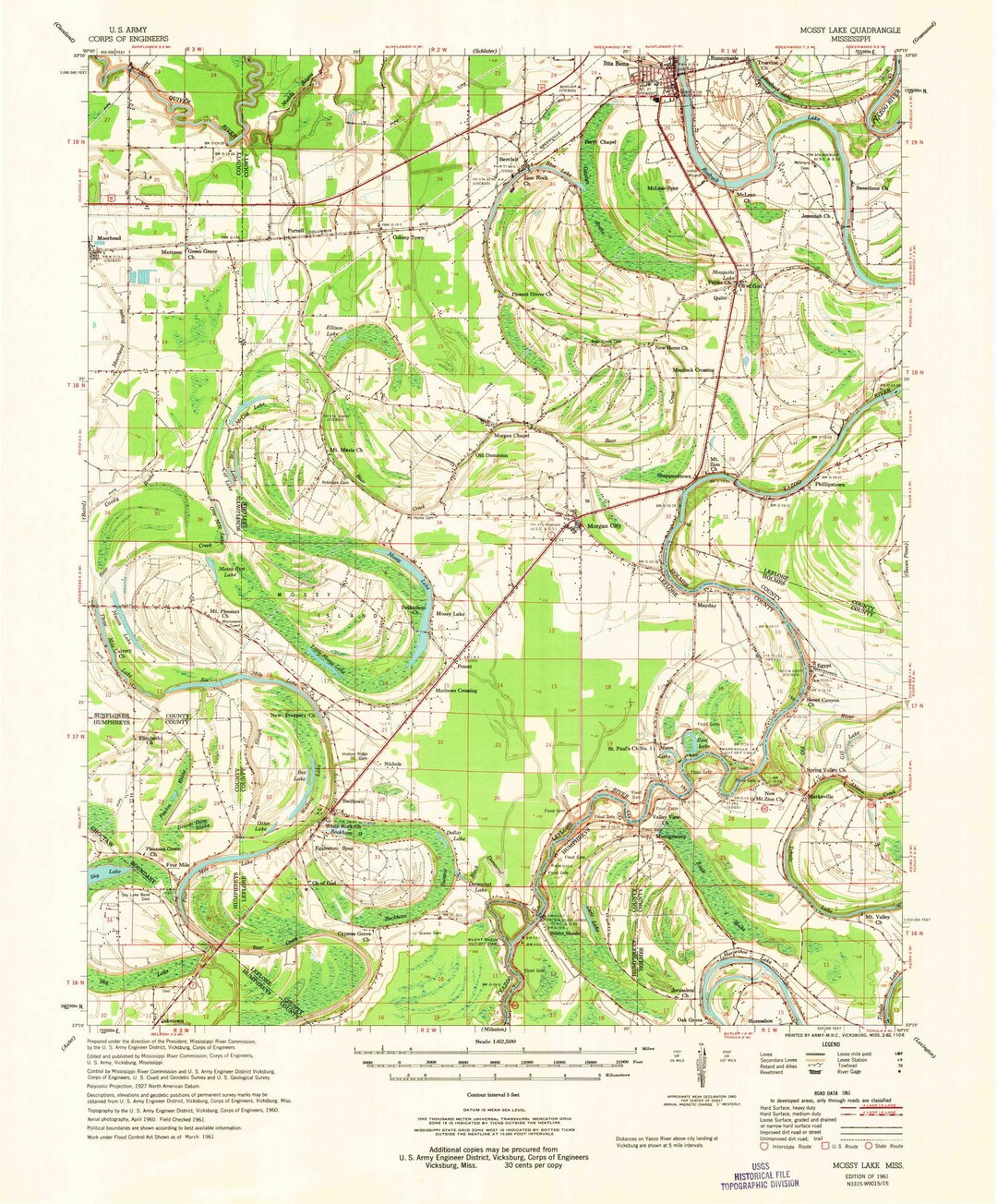 Mossy Lake 1961 1962 Old Topo Map Itta Bena City Etsy