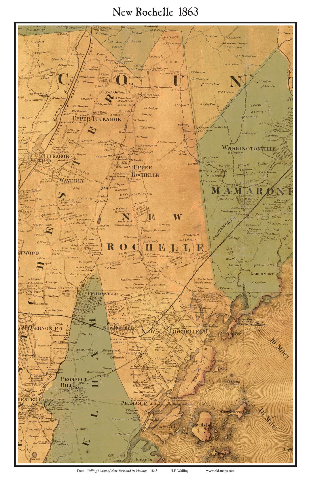 New Rochelle 1863 Old Town Map With Homeowner Names New York - Reprint ...