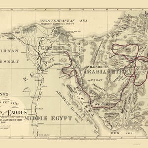 May include: A vintage map of the Exodus route, showing the journey of the Israelites from Egypt to the Promised Land. The map is labeled with locations like Goshen, the Wilderness of Arabia Petrea, and the Red Sea. The map is printed on a cream-colored paper with brown and red lines.