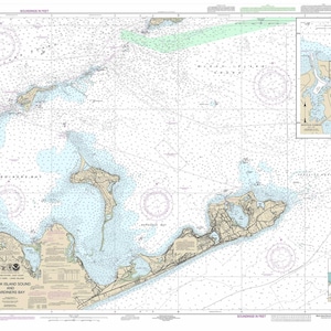 May include: A nautical chart of Block Island Sound and Gardiners Bay, New York. The chart shows the coastline, islands, and waterways of the area. It includes depth soundings, navigational aids, and other important information for boaters.