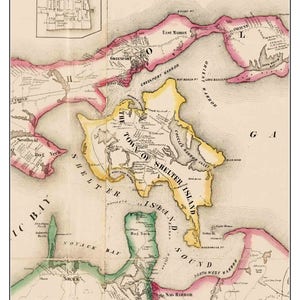 May include: An antique map of Shelter Island, New York, from 1858. The map shows the island's coastline, waterways, and towns. The map is in a vintage style with hand-drawn lines and text.