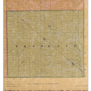 May include: An antique map of Franklin County, Indiana, from 1855. The map is in a light brown color with a grid pattern and shows roads, railroads, and towns. The title "Franklin 1855" is at the top of the map. The text "BLAKE'S COMMERCIAL ROW INDIANAPOLIS, INDIANA." is at the bottom of the map.