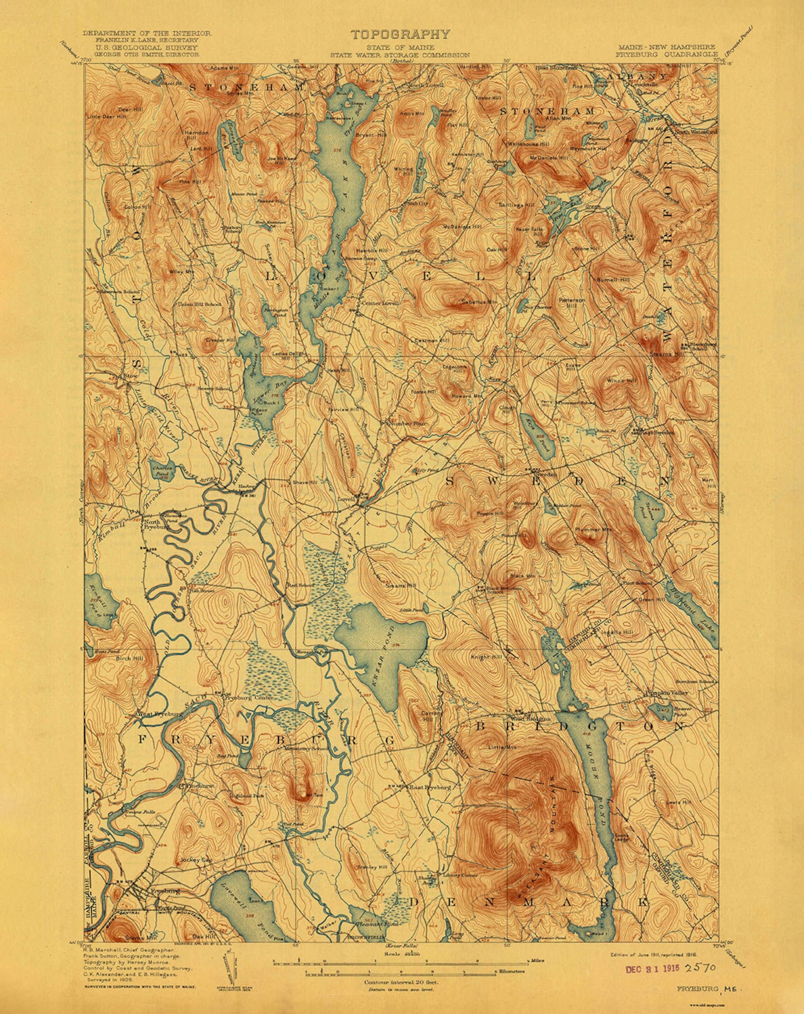 Fryeburg 1911 1911 Old Topo Map Kezar Lake Moose Pond Pleasant Mountain