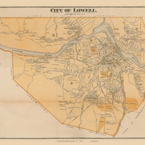 May include: An antique map of Lowell, Massachusetts, showing the city's streets, rivers, and neighborhoods. The map is printed in brown and black ink on a cream-colored background. The title "City of Lowell" is printed in large, bold letters at the top of the map.