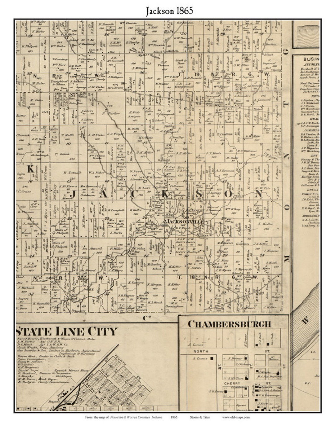Jackson 1865 Old Town Map With Homeowner Names Indiana Jacksonville Reprint Genealogy Fountain