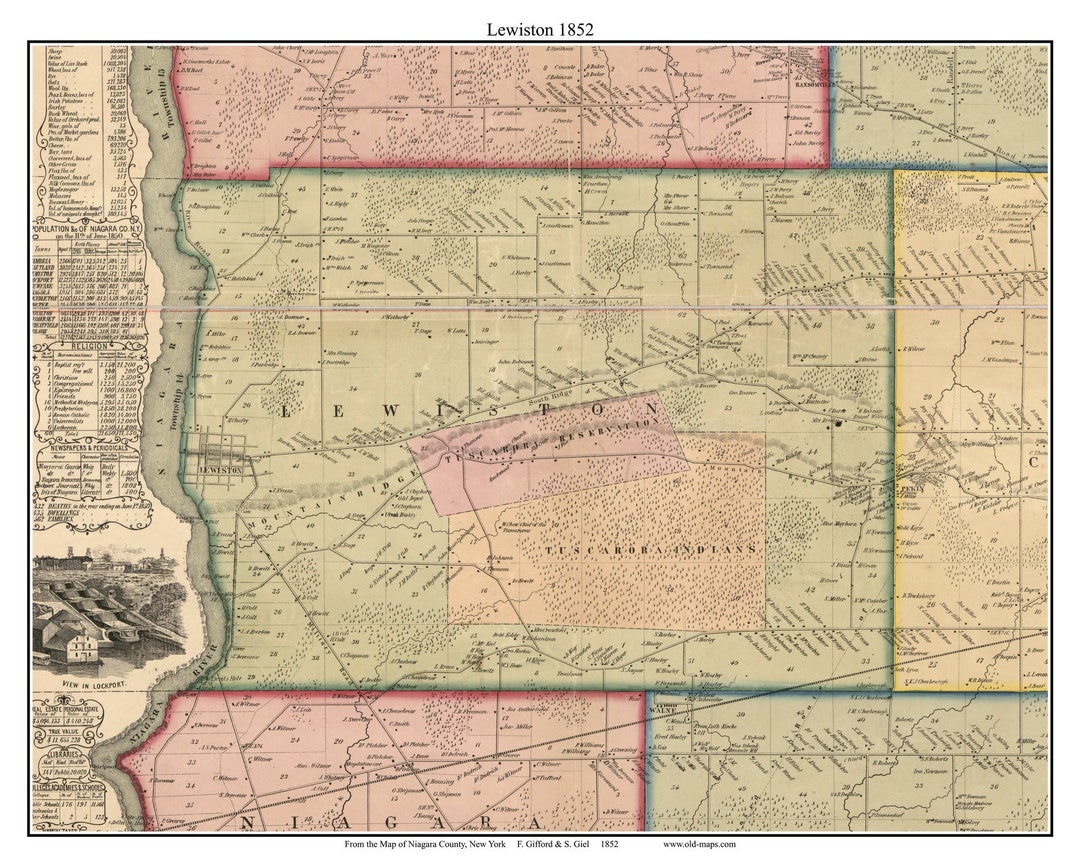 Lewiston 1852 Old Town Map With Homeowner Names New York Tuscarora Reservation Reprint Genealogy ...