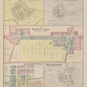 May include: A vintage map of West Cairo, Ohio, showing the layout of streets and buildings. The map is divided into sections, each with a different scale. The map is printed in black and white with red and pink accents.