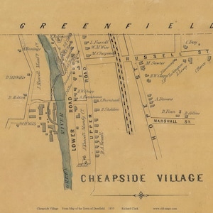 May include: An antique map of Cheapside Village, Deerfield, Massachusetts, from 1855. The map shows the layout of the village with streets, roads, and the names of residents. The map is printed on aged paper with a light brown background.