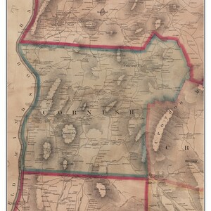 May include: An antique map of Cornish, New Hampshire, from 1860. The map shows the town's roads, rivers, and other features. The map is in a vintage style, with hand-drawn lines and lettering.