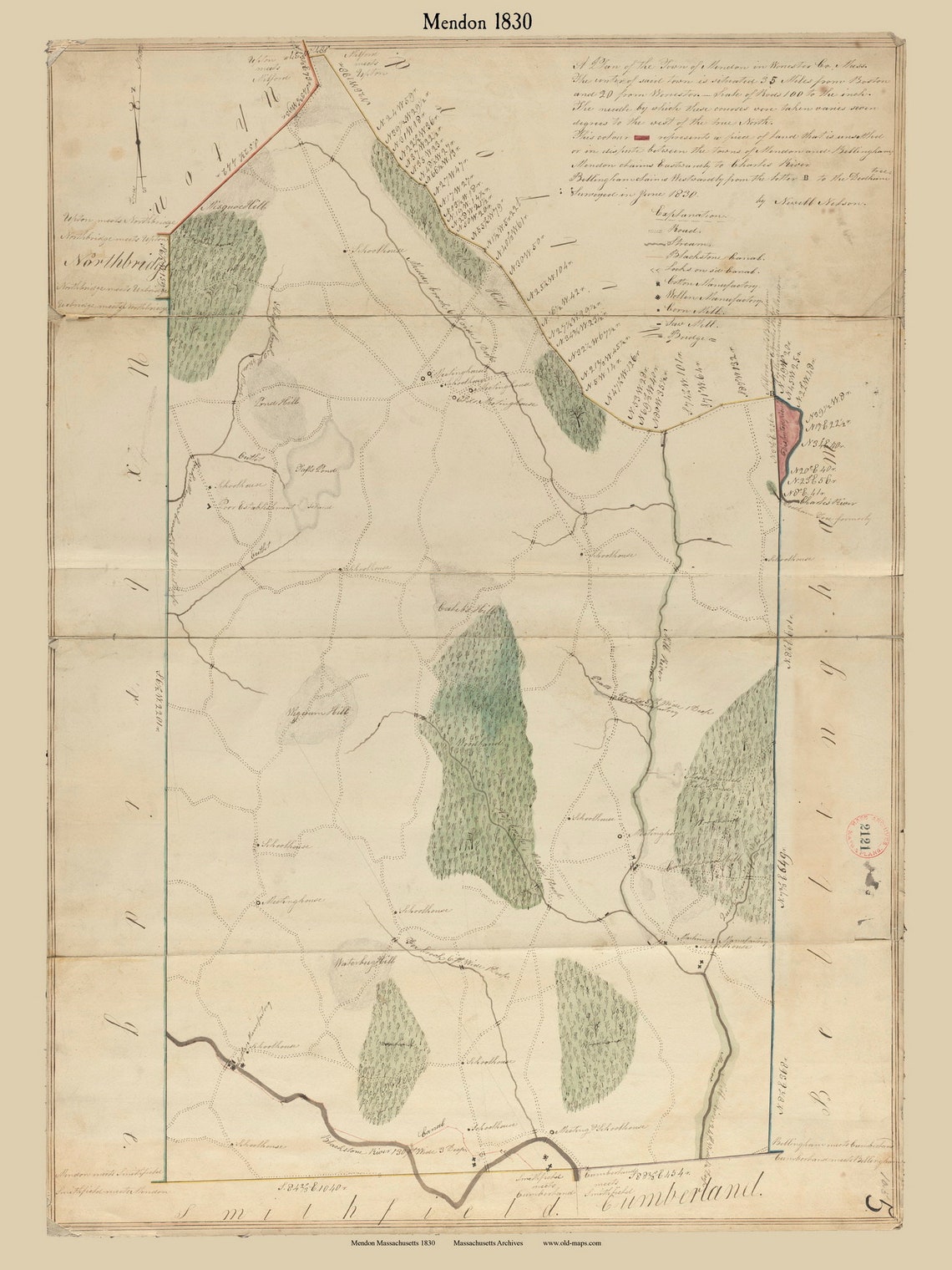 Mendon 1830 Town Plan Old Roads Reprint Massachusetts Etsy