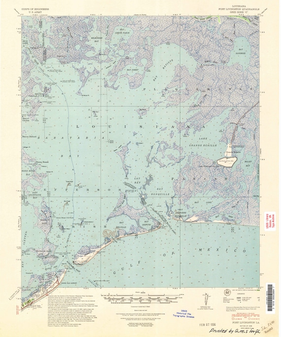 Livingston Surveying And Mapping Fort Livingston 1948 1950 Old Topo Map Barataria Bay Grand | Etsy