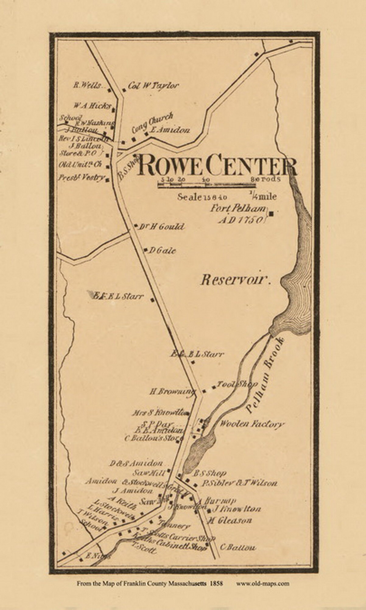 Rowe Center 1858 Old Town Map With Homeowner Names -massachusetts ...