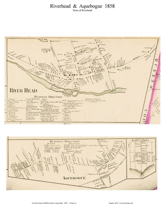 Riverhead & Aquebogue Villages New York 1858 map Suffolk Co. Etsy