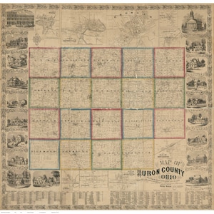 Huron County Ohio  1859 - Old Wall Map Reprint with Homeowner Names - Farm Lines
