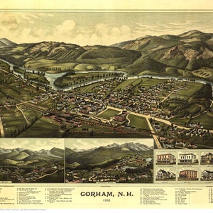 May include: An antique map of Gorham, New Hampshire, from 1888. The map shows the town's layout, including streets, buildings, and a river. The map is in a vintage style, with hand-drawn lines and lettering. The map is divided into three sections, with a key to the map's symbols in the lower left corner.