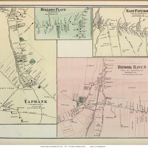 May include: An antique map of Yaphank, Brookhaven, Millers Place, and East Patchogue, New York. The map is printed on paper and features a light green and pink color scheme. The map shows roads, rivers, and the names of various locations.