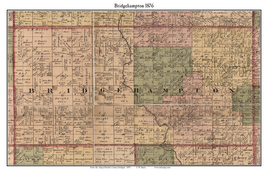 Bridgehampton 1876 Old Town Map With Homeowner Names - Michigan ...