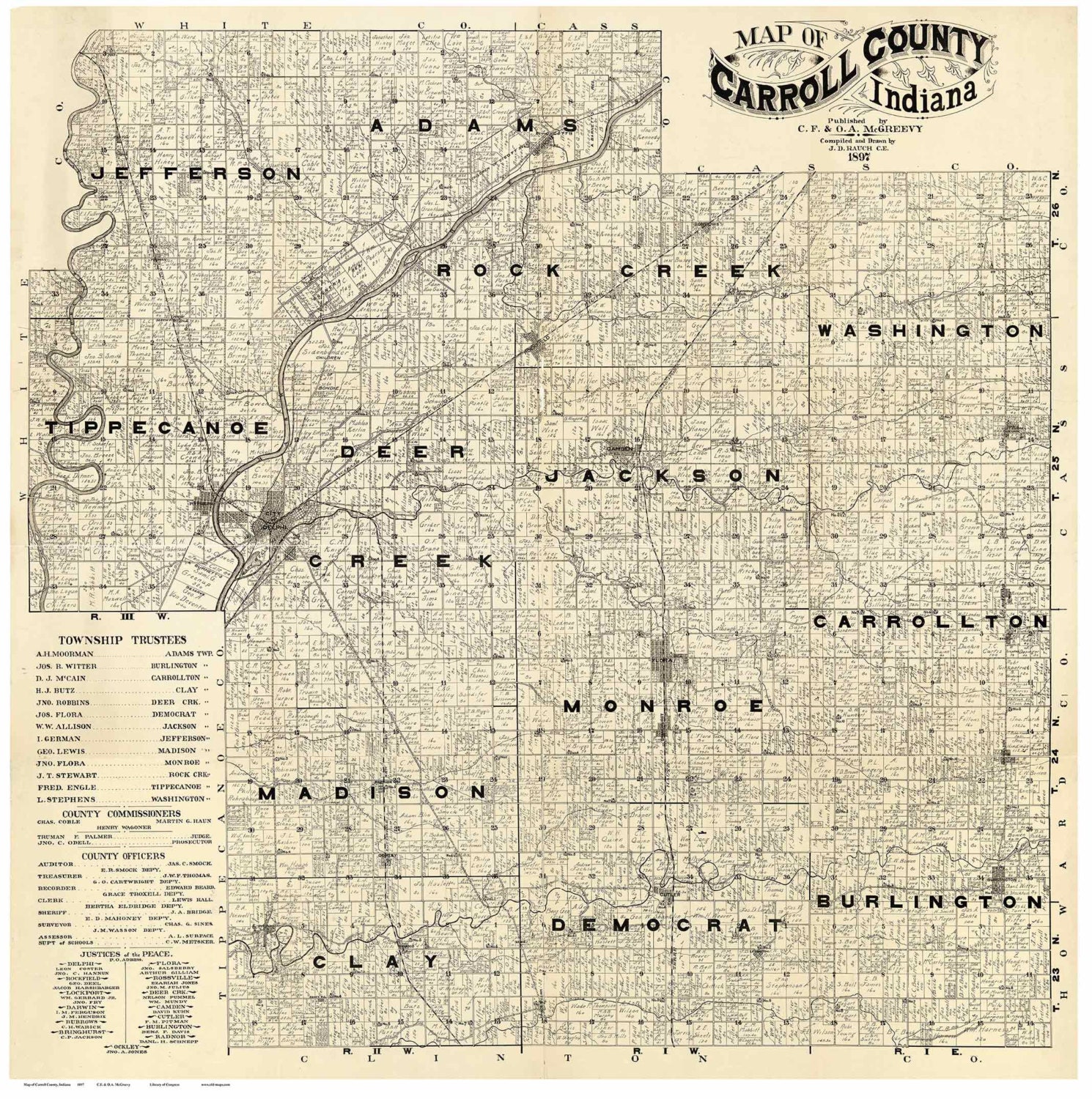 Carroll County Indiana 1897 Old Wall Map Reprint with Etsy