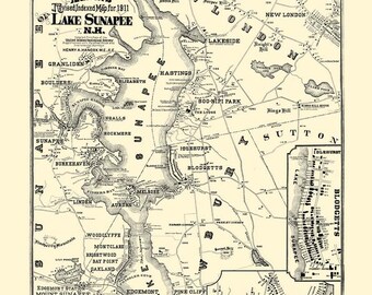 Lake Sunapee NH 1911 Map - House Sites -  by Hancox  - Reprint - New Hampshire