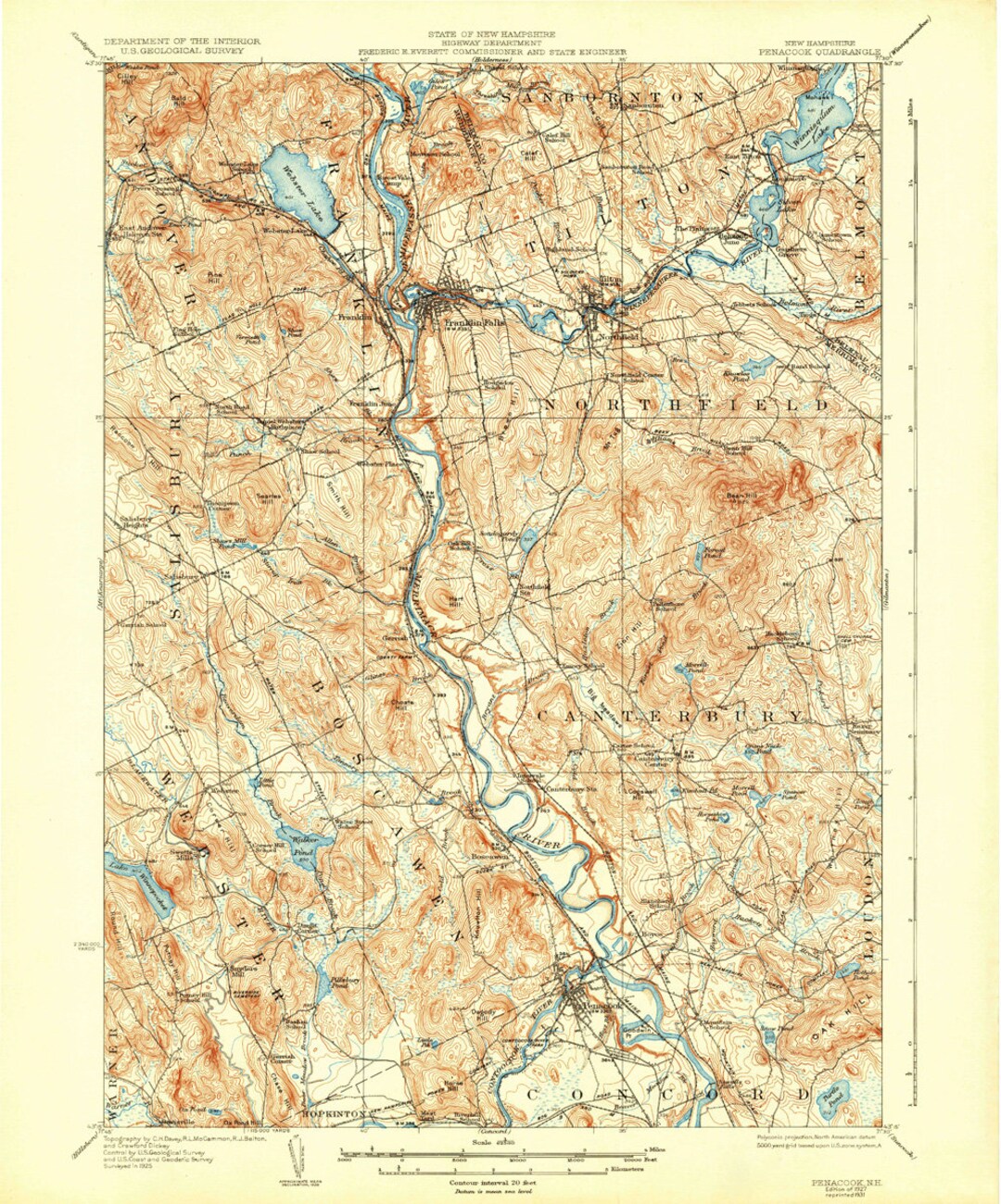 Penacook 1927 (1931) Old Topo Map Webster Lake Winnisquam Lake Tilton