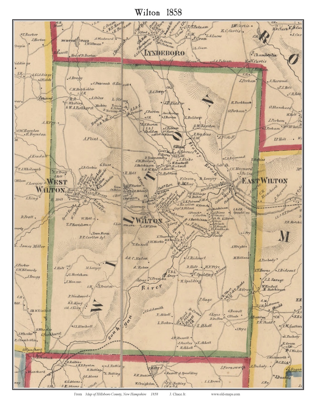 Wilton 1858 Old Town Map With Homeowner Names New Hampshire Reprint 