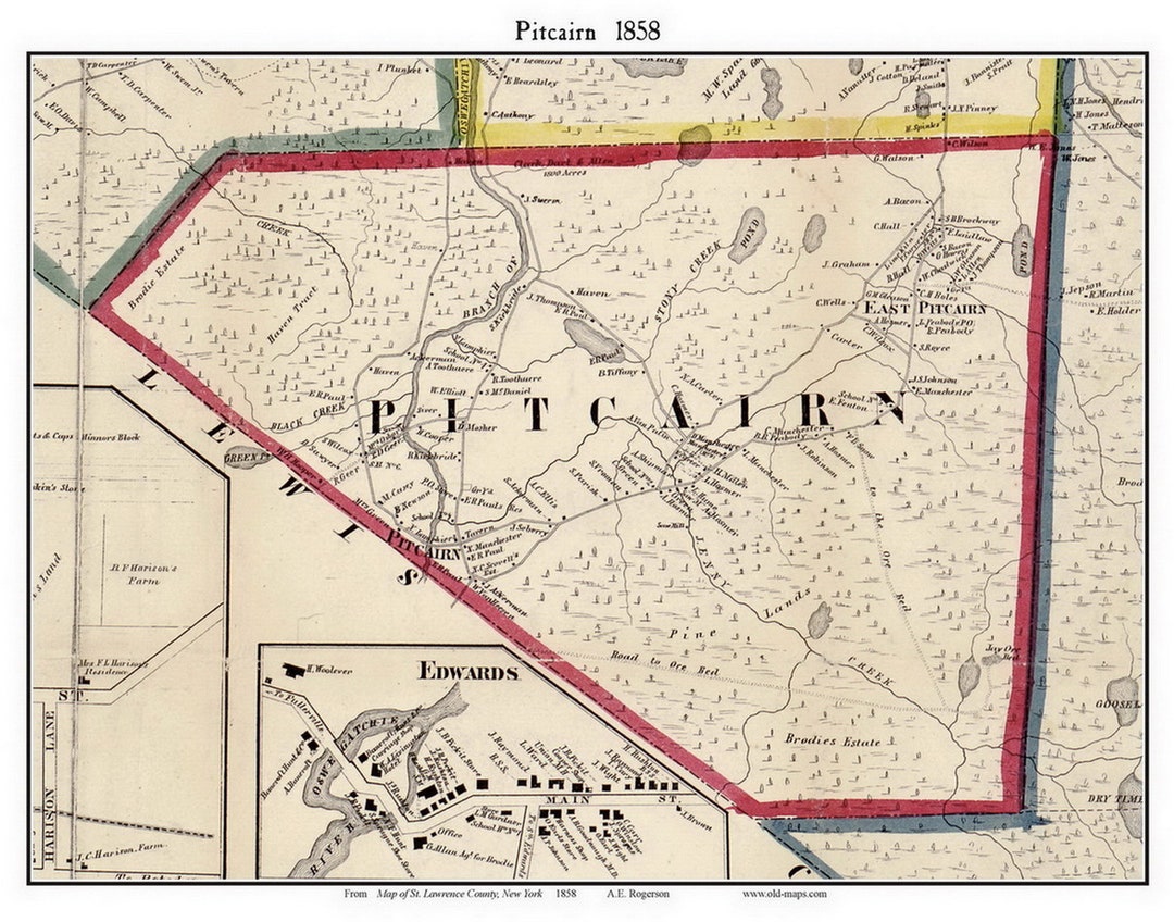 Pitcairn 1858 Old Town Map With Homeowner Names New York Reprint