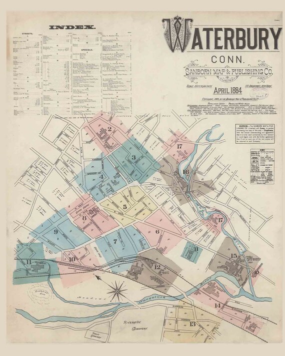 Waterbury 1884 Old Map Fire Insurance Ct Connecticut Reprint Etsy